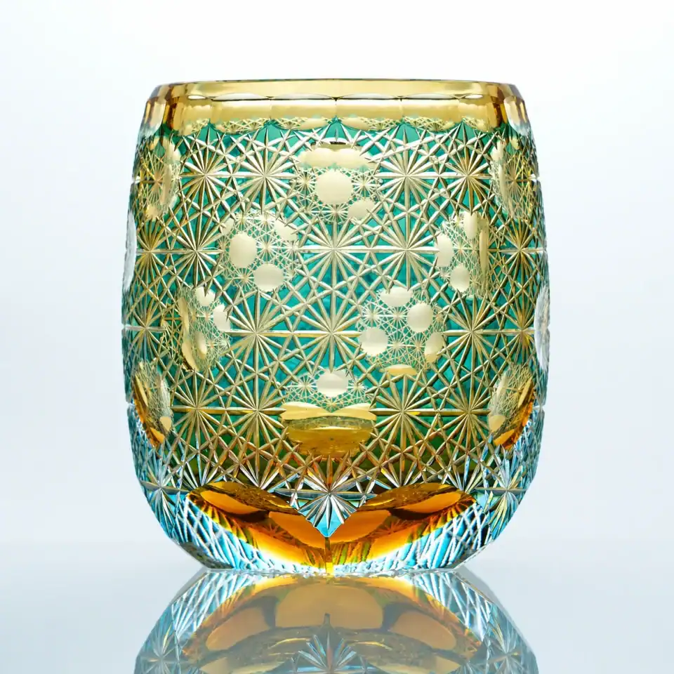 Aqua Amber Bloom hand-cut crystal whiskey glass - front view