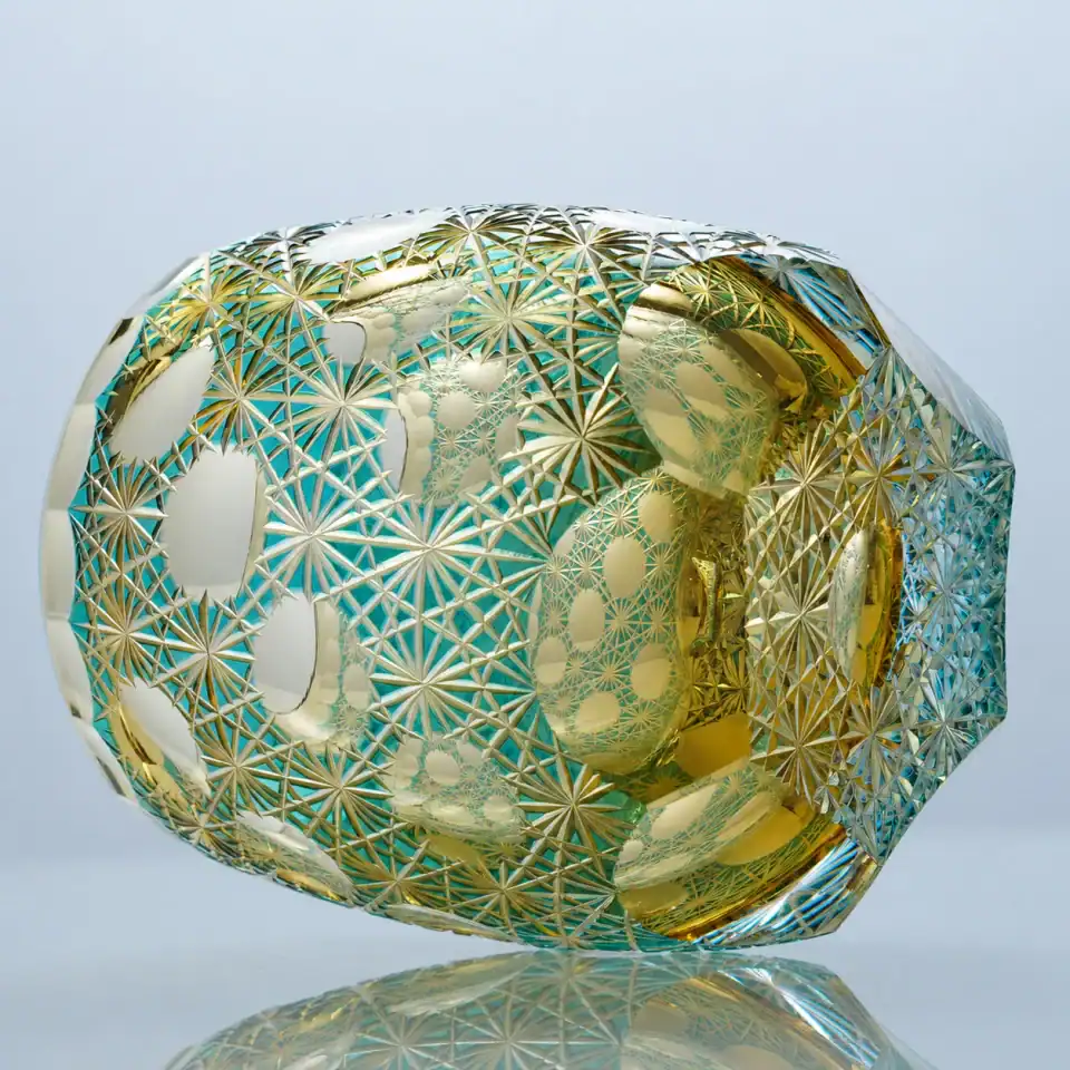 Aqua Amber Bloom hand-cut crystal whiskey glass - close-up