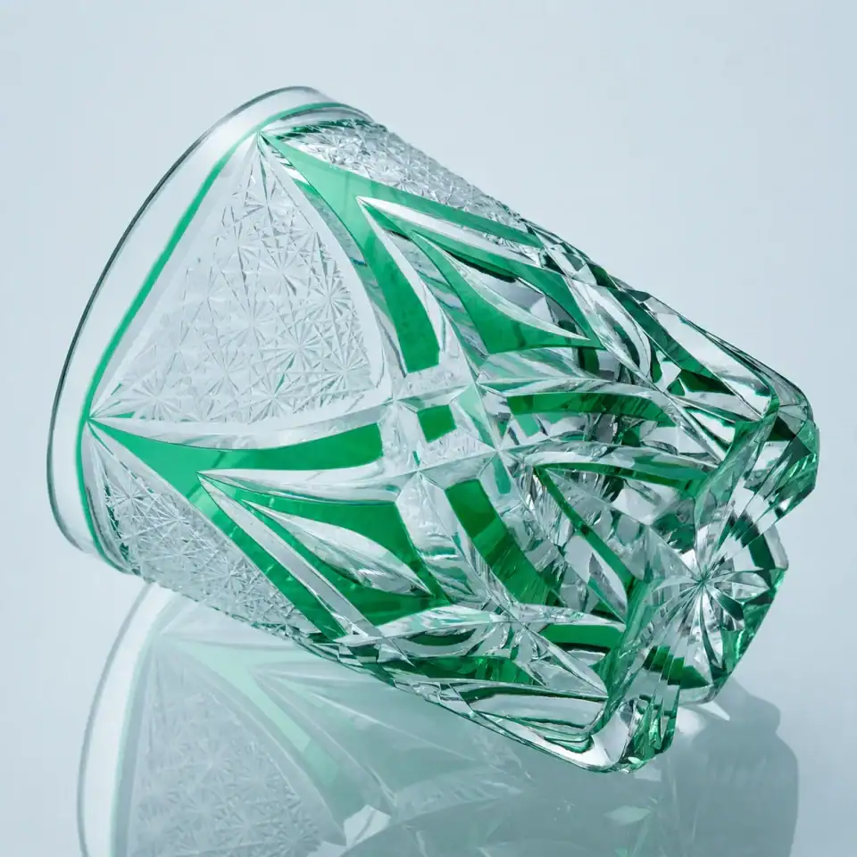 Emerald Shield hand-cut crystal whiskey glass - side angle