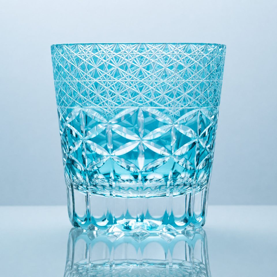 Aqua Petal Lattice Edo Kiriko Whiskey Glass – Hand-Cut Crystal Tumbler - 主图