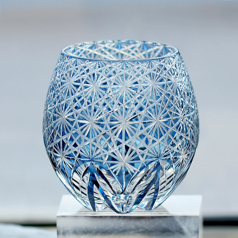 Hand-Cut Edo Kiriko Dark Blue Starburst Whiskey Tumbler 12oz - 图片 2