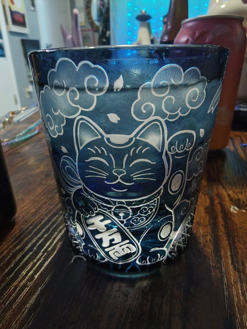 Handcrafted Aoi Maneki Neko Whisky Glass with Wooden Box