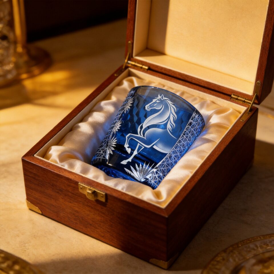 Cristamor Hand-Cut Meiba Crystal Whisky Glass with Wooden Box — generated visual (gift_box, lifestyle_wide)